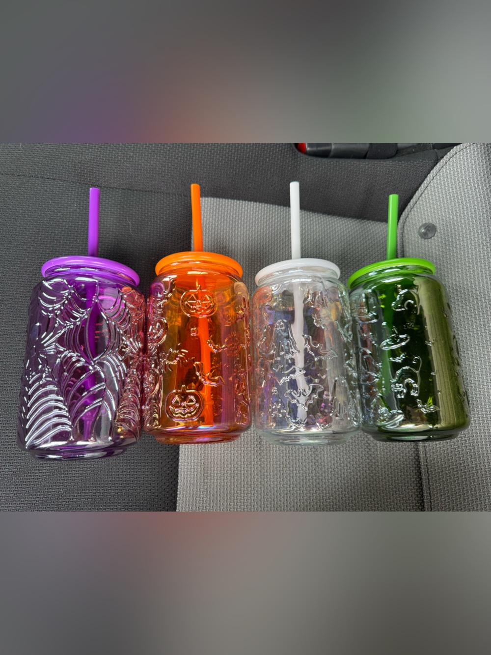 Set of 4 Halloween Iridescent Embossed Mason-Style glass tumblers Lids & Straws